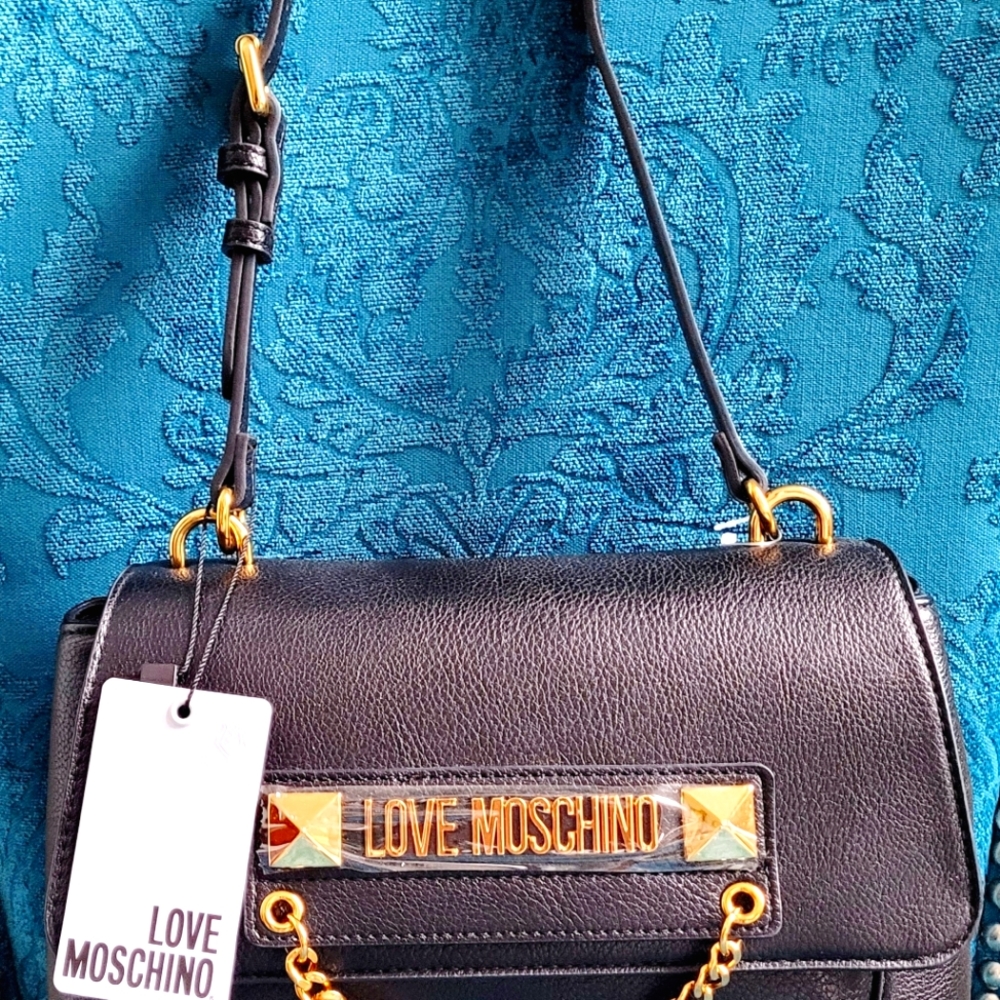 ❤️ NWT-Love Moschino-Stud Black Leather Shoulder Bag - Picture 3 of 7